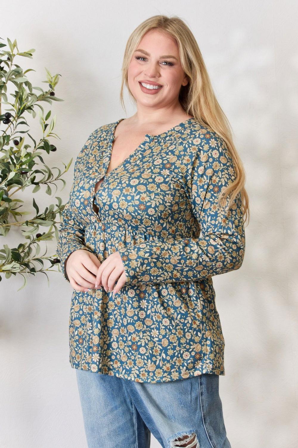 Heimish Full Size Floral Half Button Long Sleeve Blouse - Clothes For Her Online Store