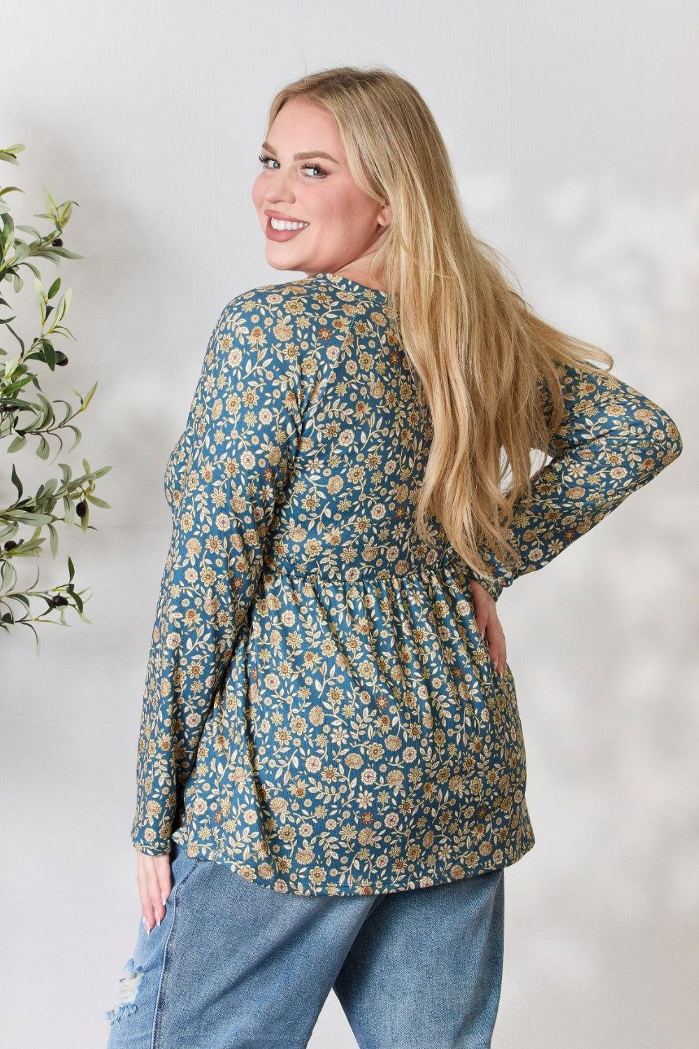 Heimish Full Size Floral Half Button Long Sleeve Blouse - Clothes For Her Online Store