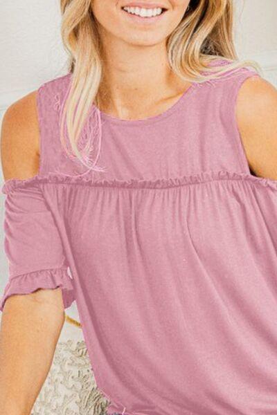Heimish Full Size Frill Round Neck Cold Shoulder T-Shirt Plus Size - Clothes For Her Online Store