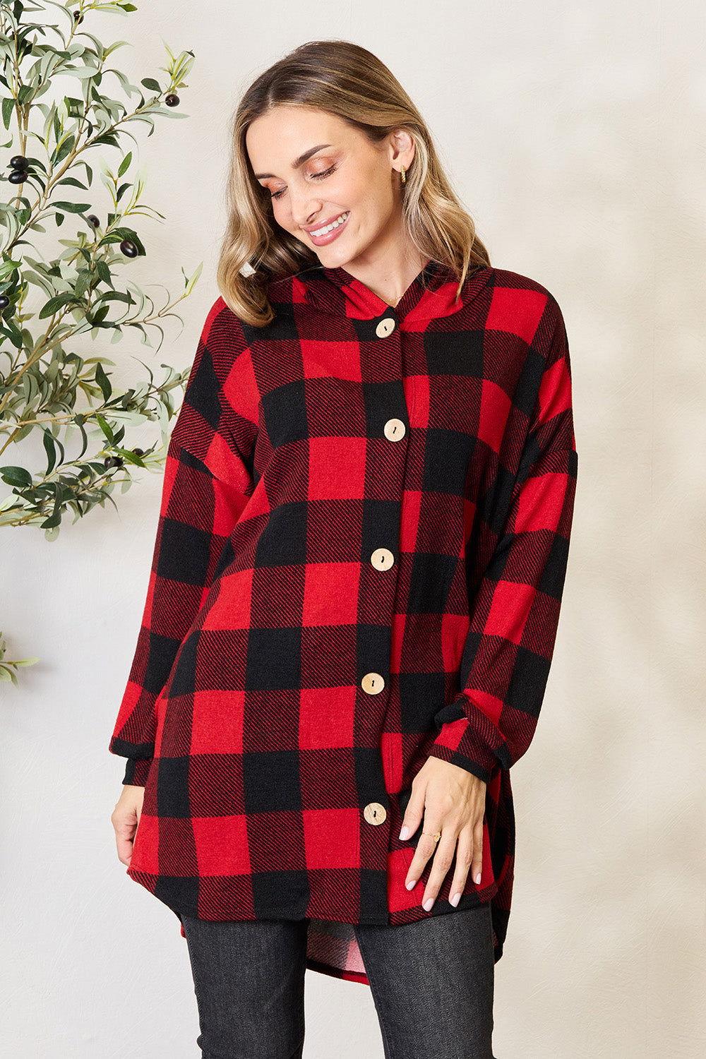 Heimish Full Size Plaid Button Front Hooded Shirt - Clothes For Her Online Store
