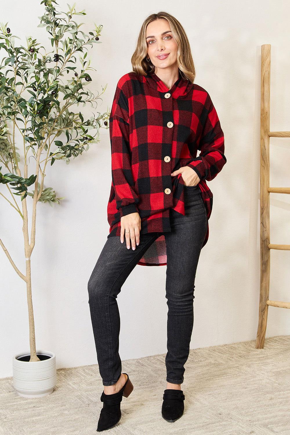 Heimish Full Size Plaid Button Front Hooded Shirt - Clothes For Her Online Store