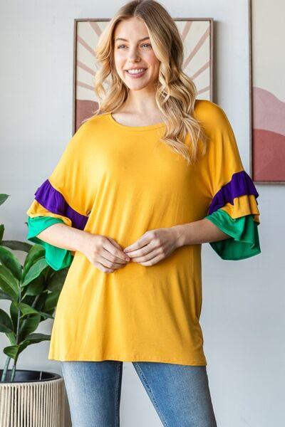 Heimish Full Size Round Neck Color Block Ruffled Half Sleeve Top Plus Size - Clothes For Her Online Store