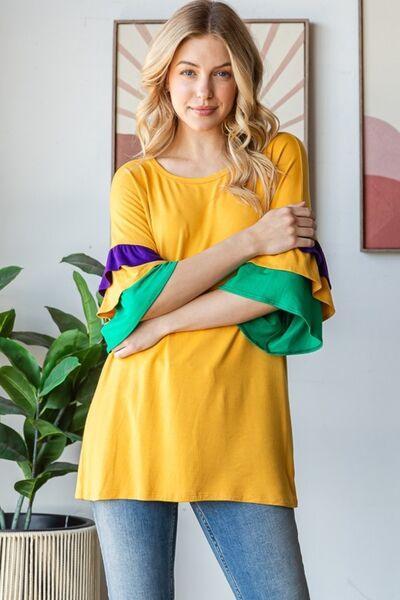Heimish Full Size Round Neck Color Block Ruffled Half Sleeve Top Plus Size - Clothes For Her Online Store