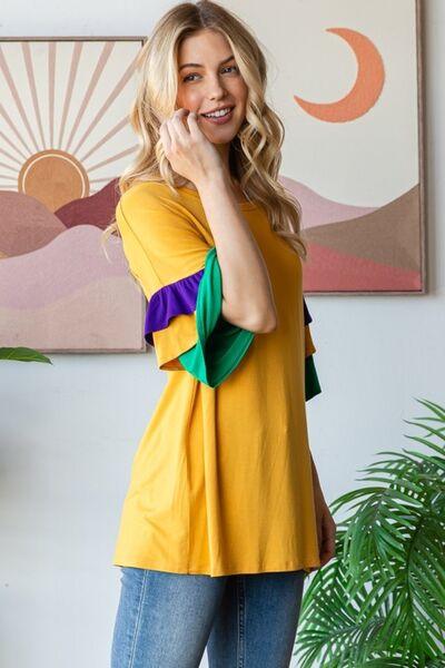 Heimish Full Size Round Neck Color Block Ruffled Half Sleeve Top Plus Size - Clothes For Her Online Store