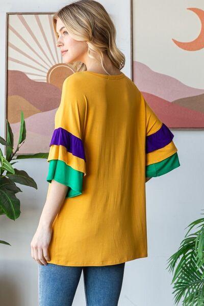 Heimish Full Size Round Neck Color Block Ruffled Half Sleeve Top Plus Size - Clothes For Her Online Store