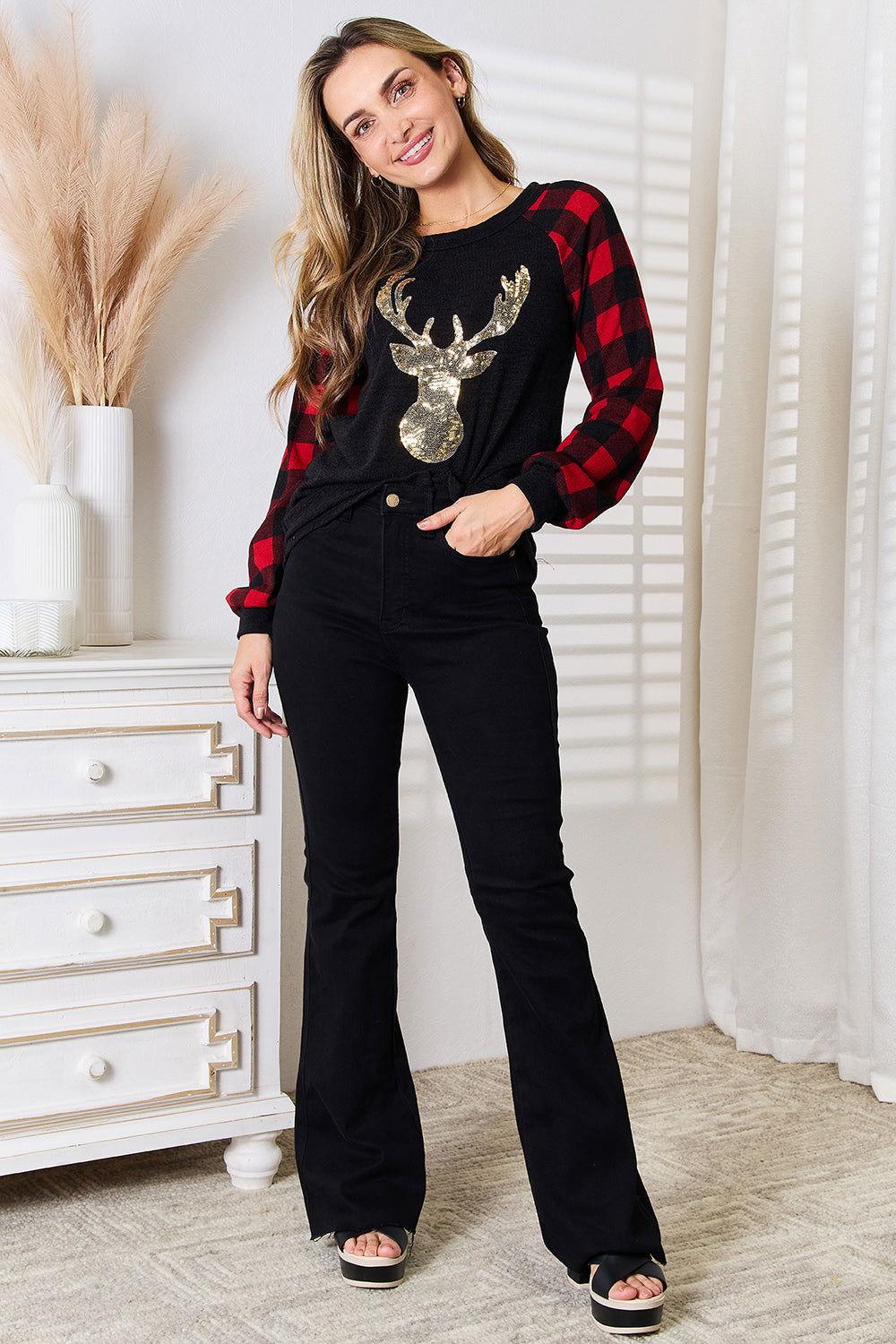Heimish Full Size Sequin Reindeer Graphic Plaid Top - Clothes For Her Online Store