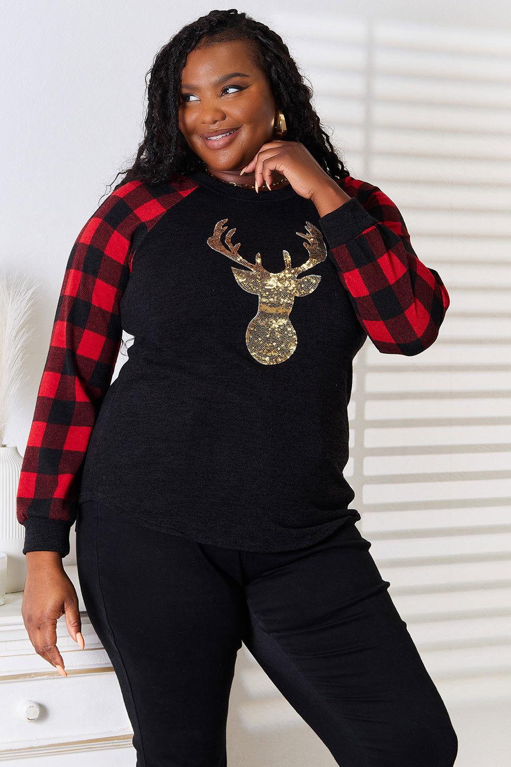 Heimish Full Size Sequin Reindeer Graphic Plaid Top - Clothes For Her Online Store