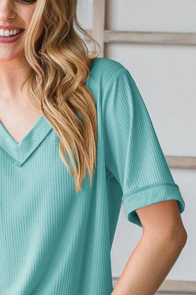 Heimish Full Size V-Neck Half Sleeve T-Shirt Plus Size - Clothes For Her Online Store