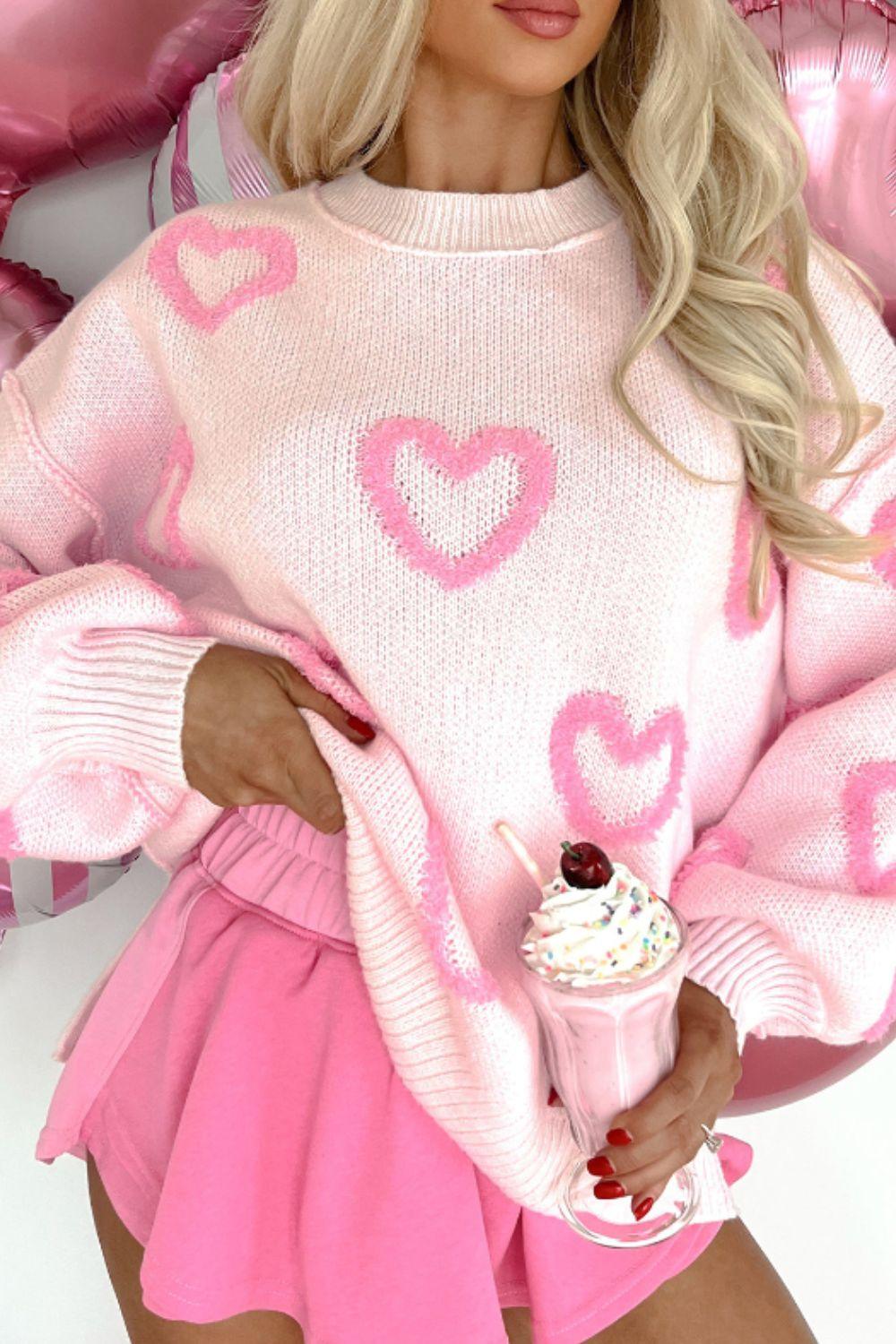 High-Low Heart Round Neck Long Sleeve Sweater - Clothes For Her Online Store