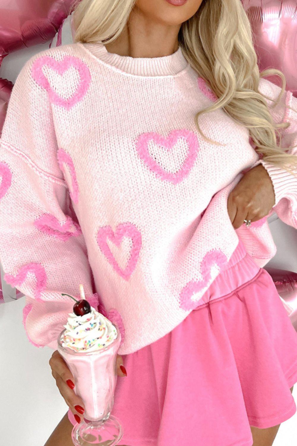 High-Low Heart Round Neck Long Sleeve Sweater - Clothes For Her Online Store