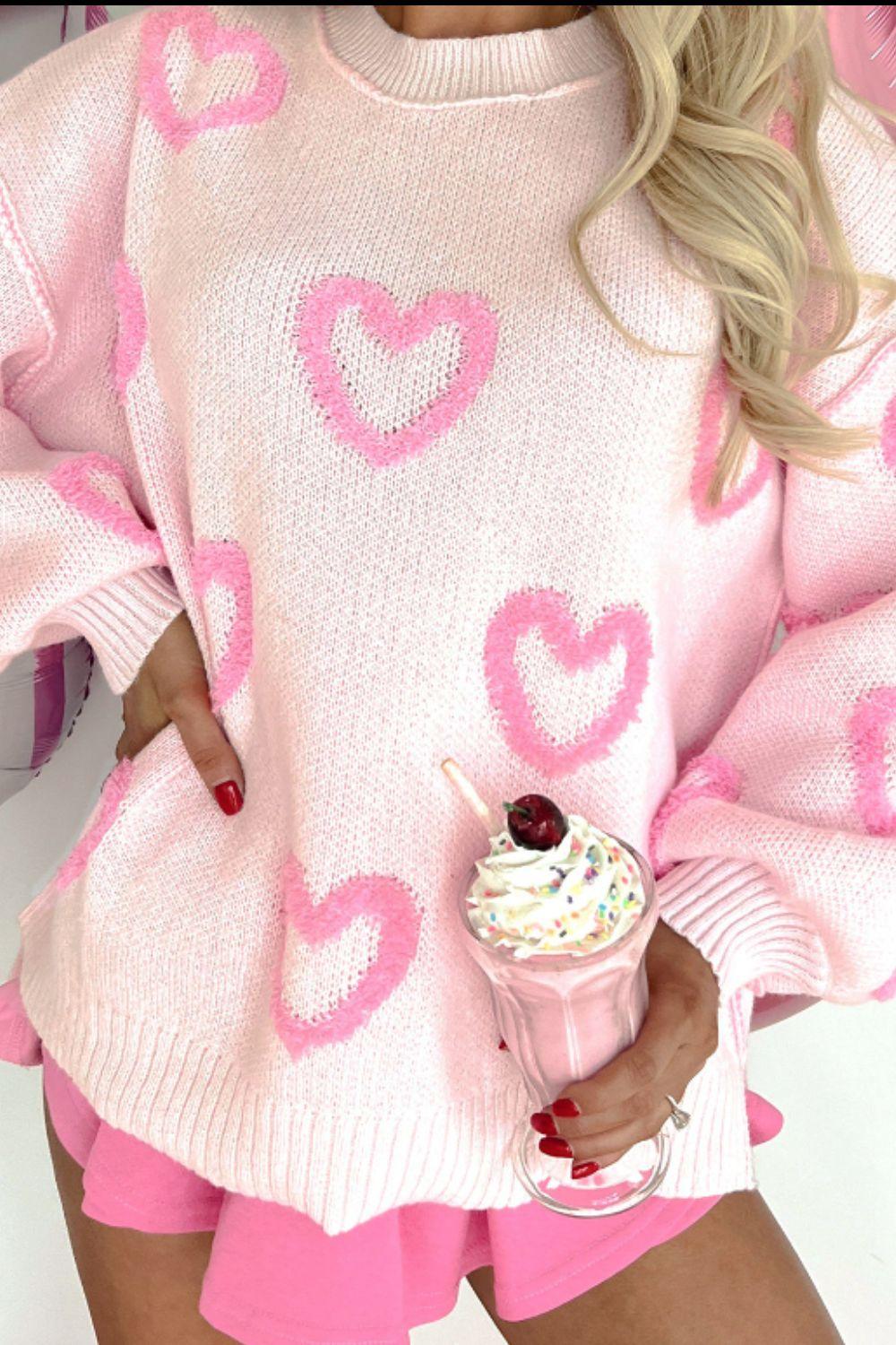 High-Low Heart Round Neck Long Sleeve Sweater - Clothes For Her Online Store