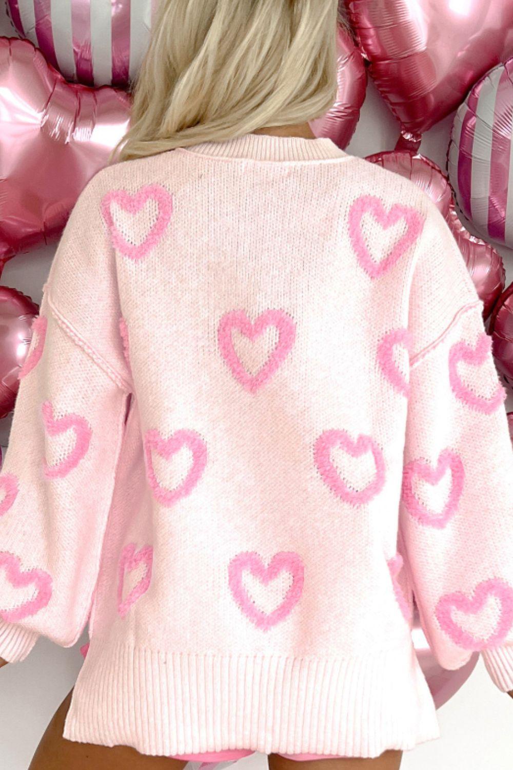High-Low Heart Round Neck Long Sleeve Sweater - Clothes For Her Online Store