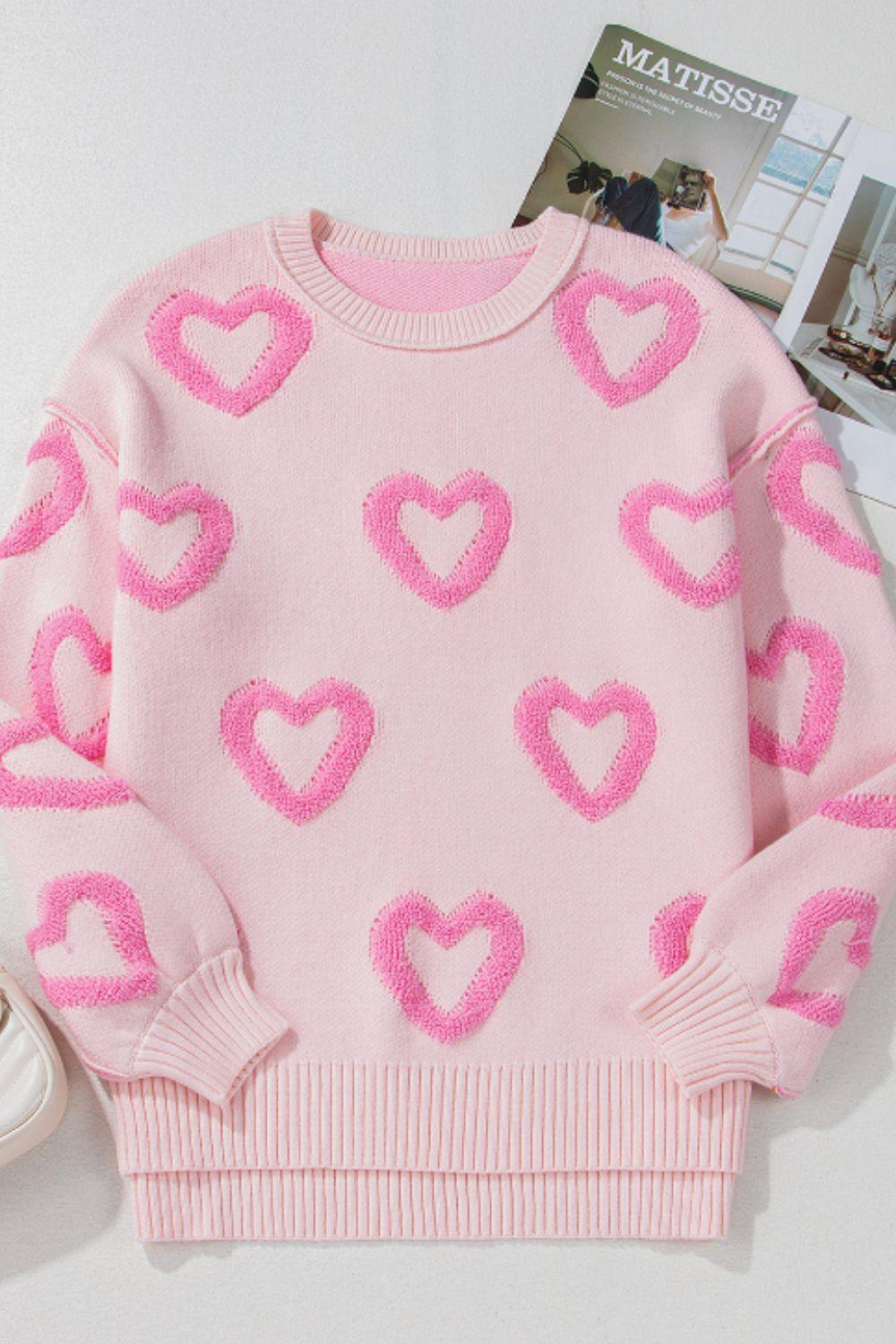 High-Low Heart Round Neck Long Sleeve Sweater - Clothes For Her Online Store