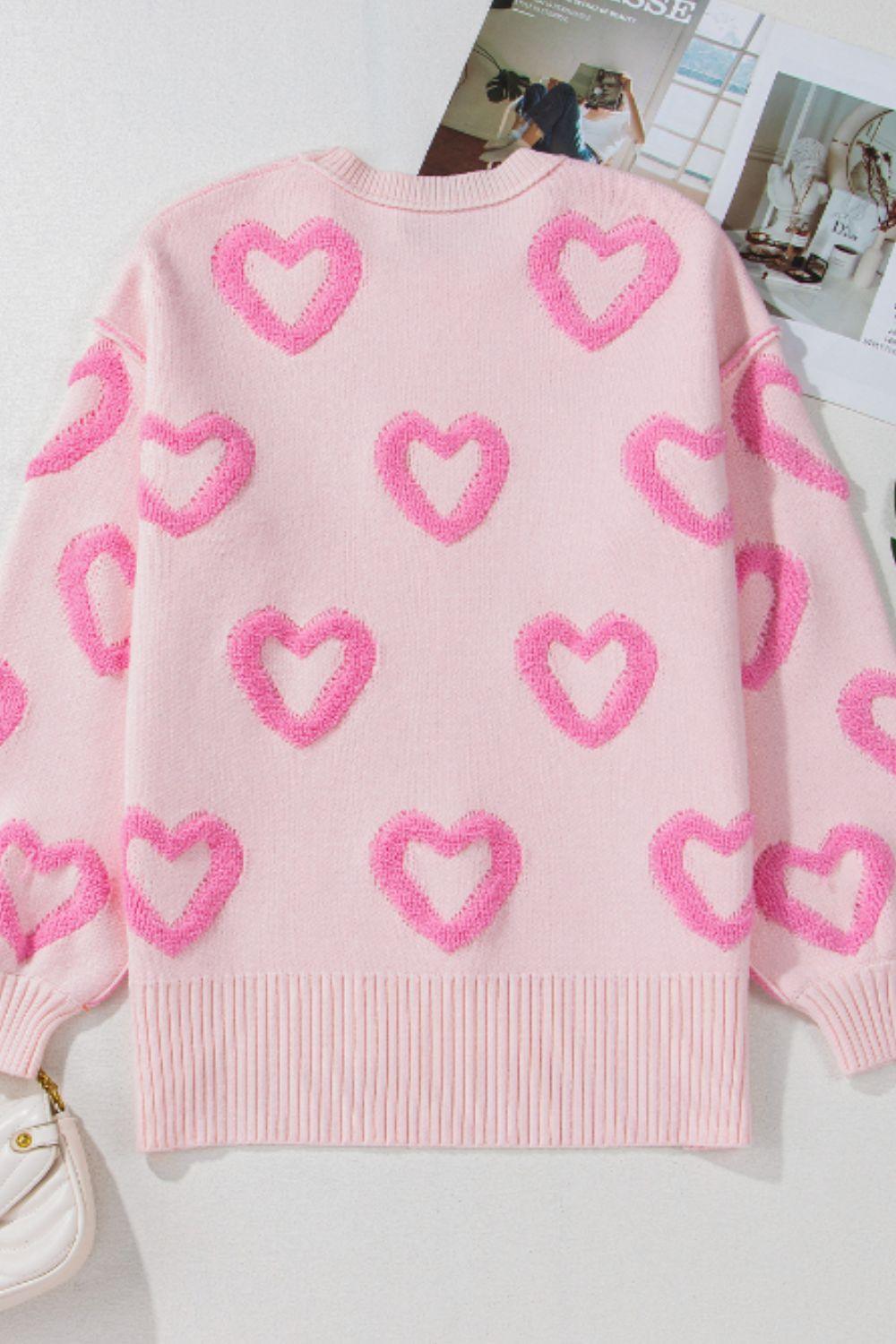 High-Low Heart Round Neck Long Sleeve Sweater - Clothes For Her Online Store
