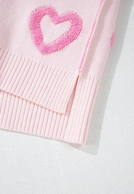 High-Low Heart Round Neck Long Sleeve Sweater - Clothes For Her Online Store