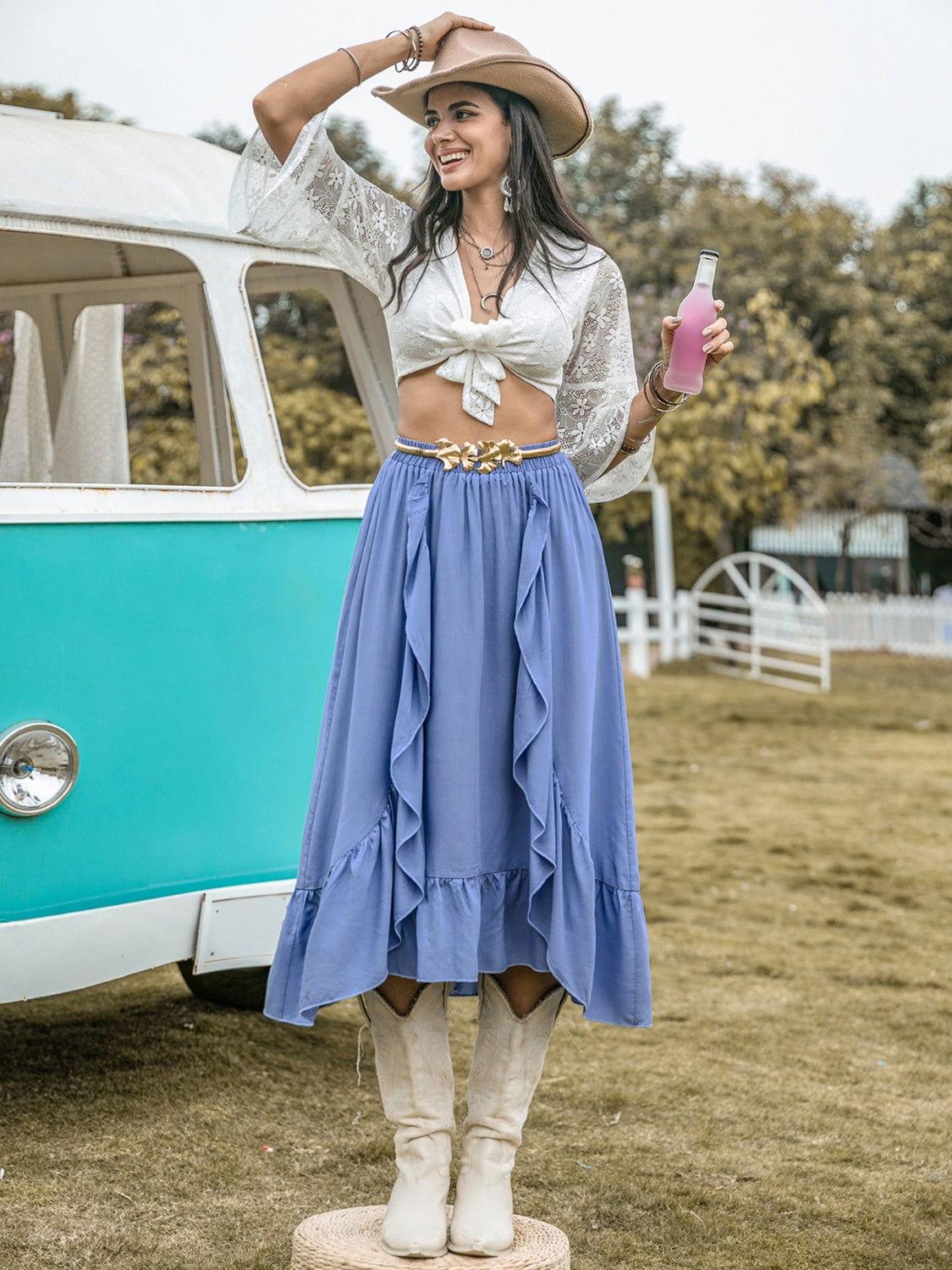 High Waist Ruffle Trim Skirt - Clothes For Her Online Store