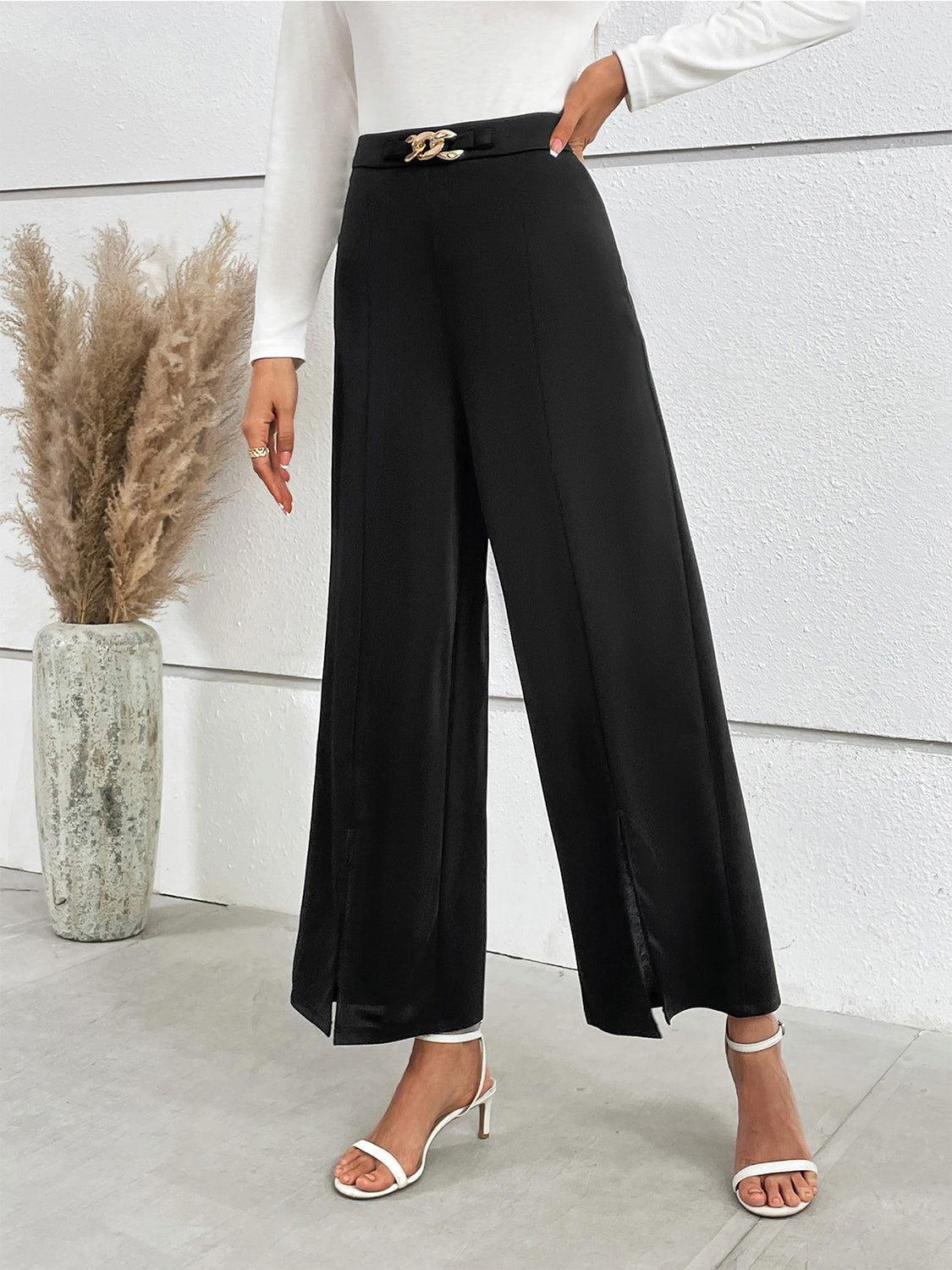 Honey Chain Detail Slit Straight Pants - Clothes For Her Online Store
