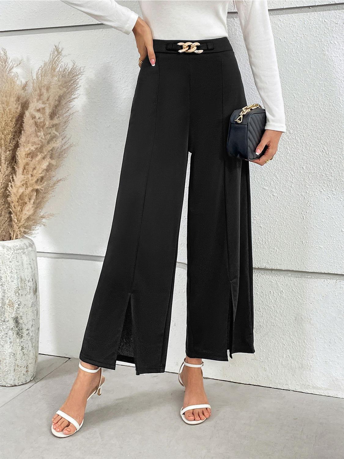 Honey Chain Detail Slit Straight Pants - Clothes For Her Online Store
