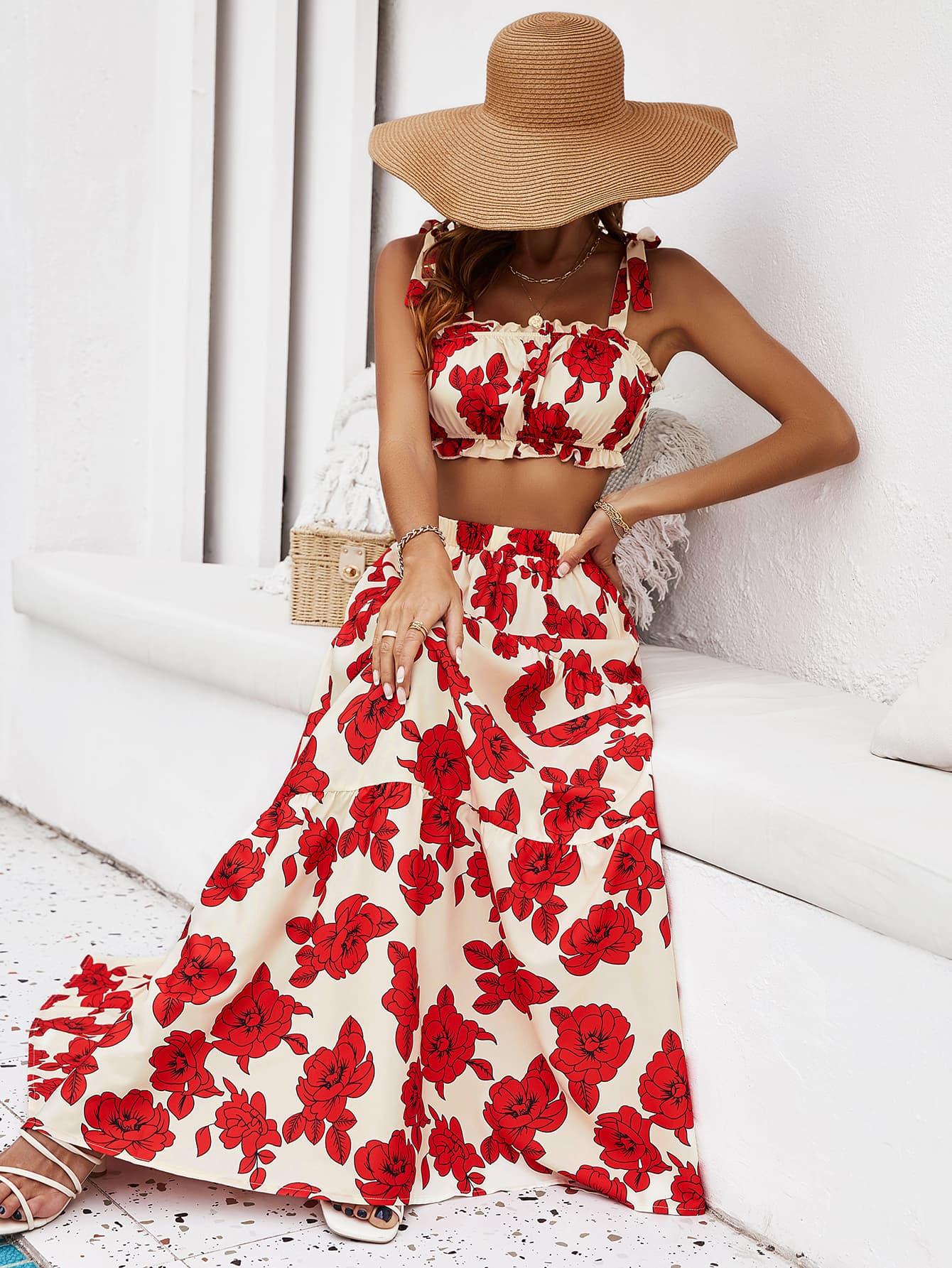 Honey Floral Tie Shoulder Top and Tiered Maxi Skirt Set - Clothes For Her Online Store