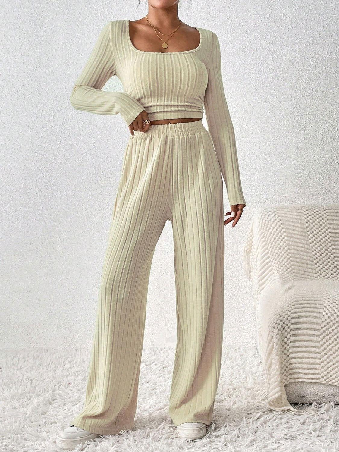 Honey Scoop Neck Long Sleeve Top and Pants Set - Clothes For Her Online Store