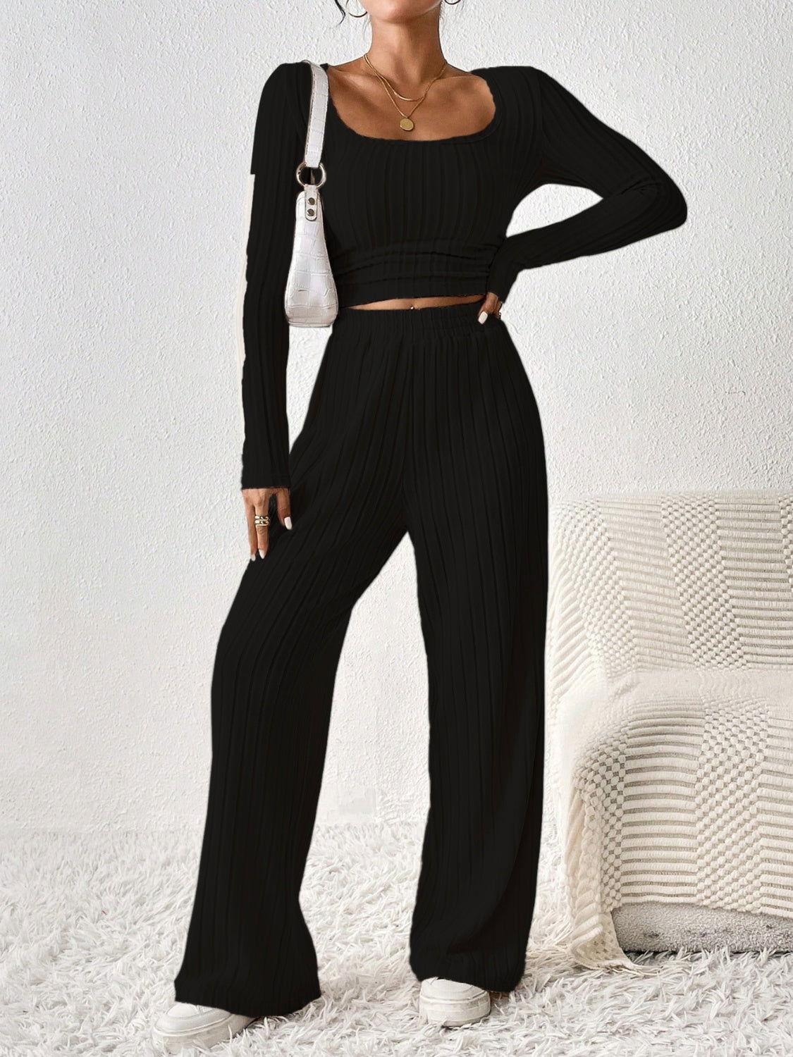 Honey Scoop Neck Long Sleeve Top and Pants Set - Clothes For Her Online Store