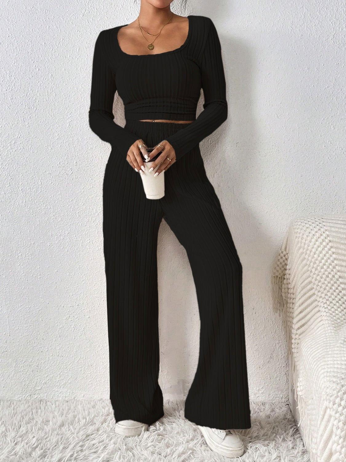 Honey Scoop Neck Long Sleeve Top and Pants Set - Clothes For Her Online Store