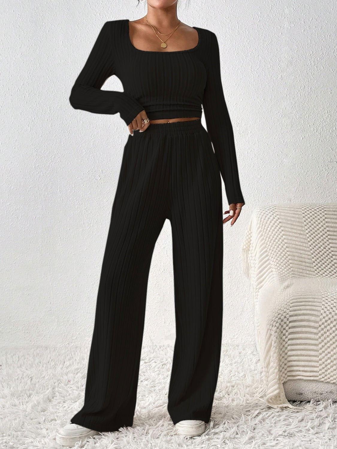 Honey Scoop Neck Long Sleeve Top and Pants Set - Clothes For Her Online Store