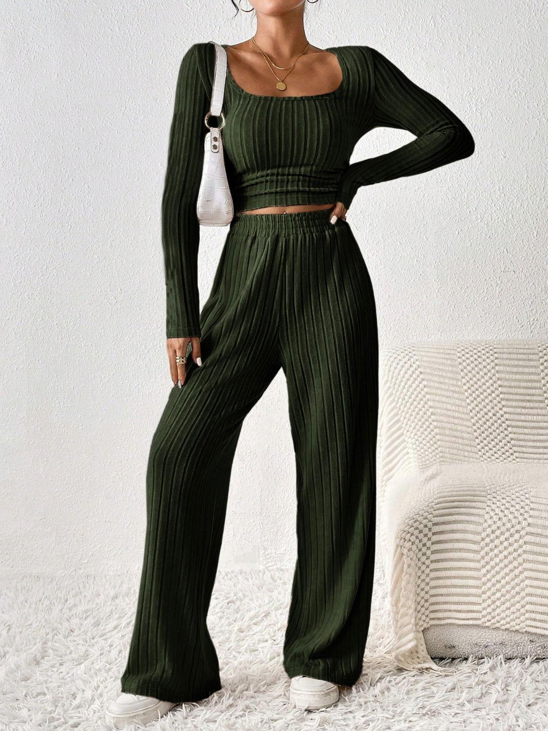 Honey Scoop Neck Long Sleeve Top and Pants Set - Clothes For Her Online Store