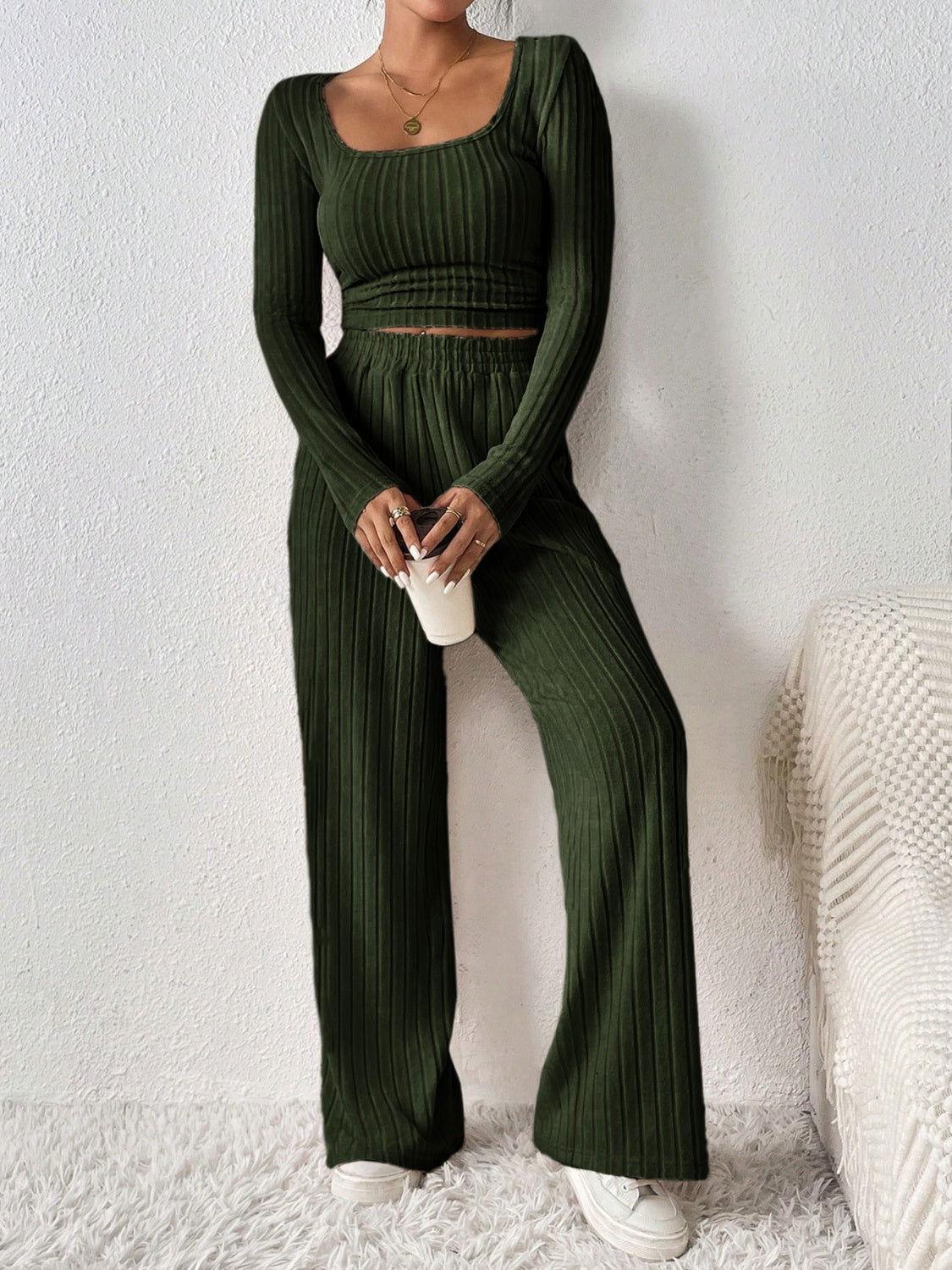 Honey Scoop Neck Long Sleeve Top and Pants Set - Clothes For Her Online Store