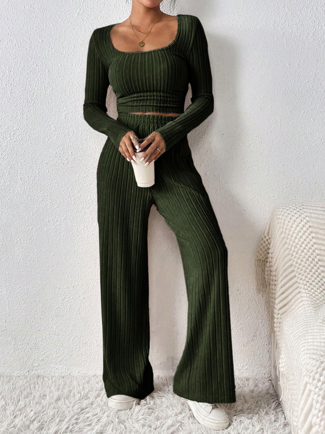 Honey Scoop Neck Long Sleeve Top and Pants Set - Clothes For Her Online Store