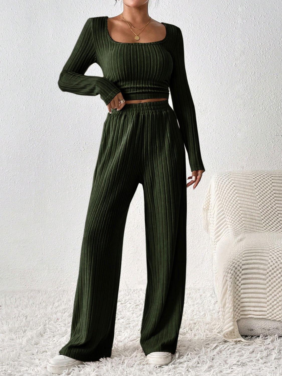Honey Scoop Neck Long Sleeve Top and Pants Set - Clothes For Her Online Store