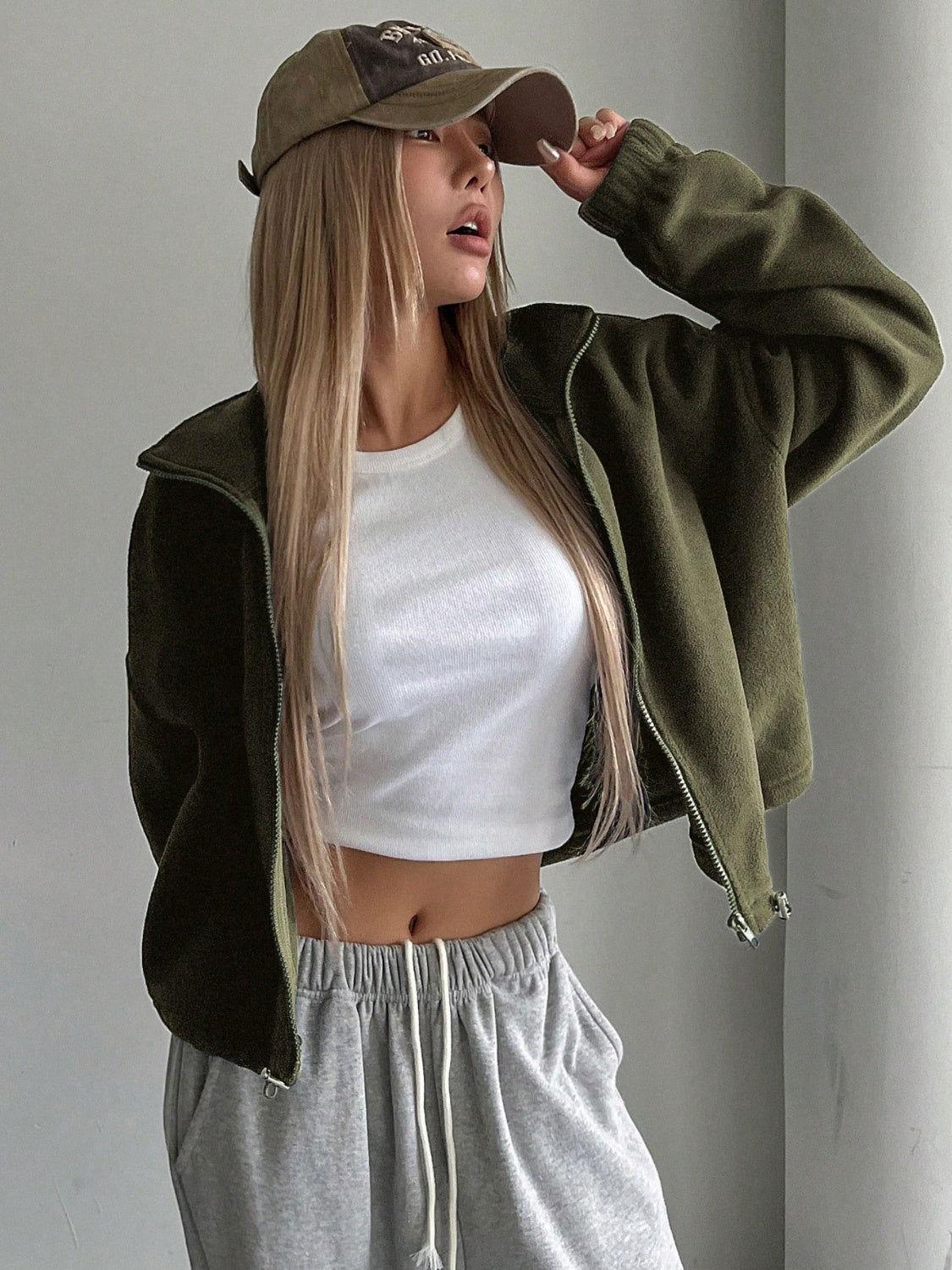Honey Zip Up Long Sleeve Cropped Jacket - Clothes For Her Online Store