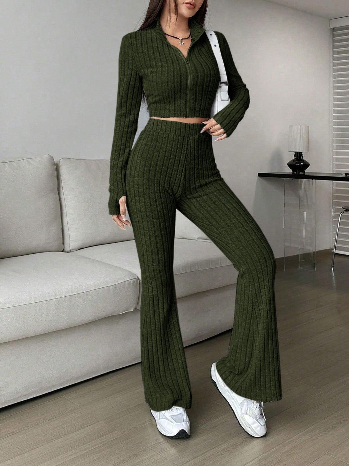Honey Zip Up Long Sleeve Top and Pants Set - Clothes For Her Online Store