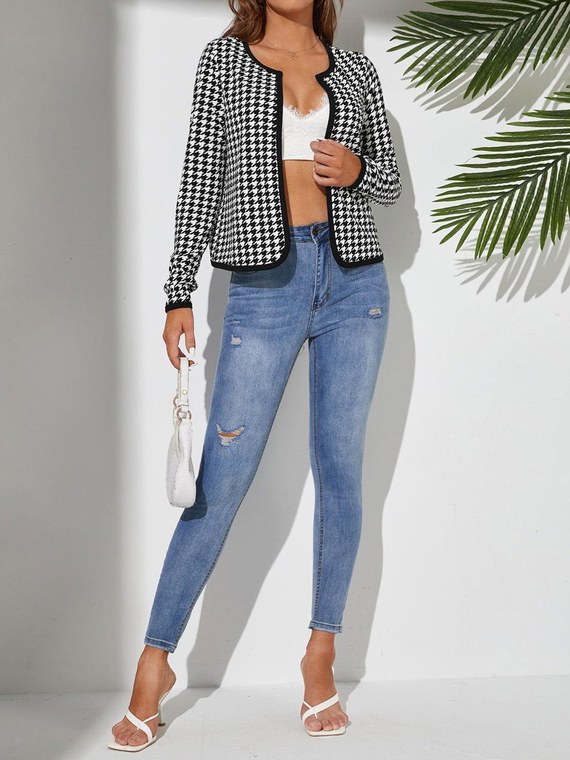 Houndstooth Open Front Long Sleeve Jacket - Clothes For Her Online Store