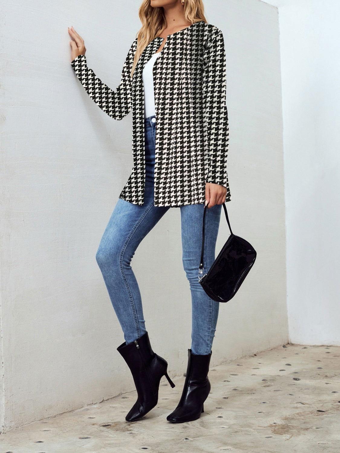 Houndstooth Open Front Long Sleeve Jacket - Clothes For Her Online Store