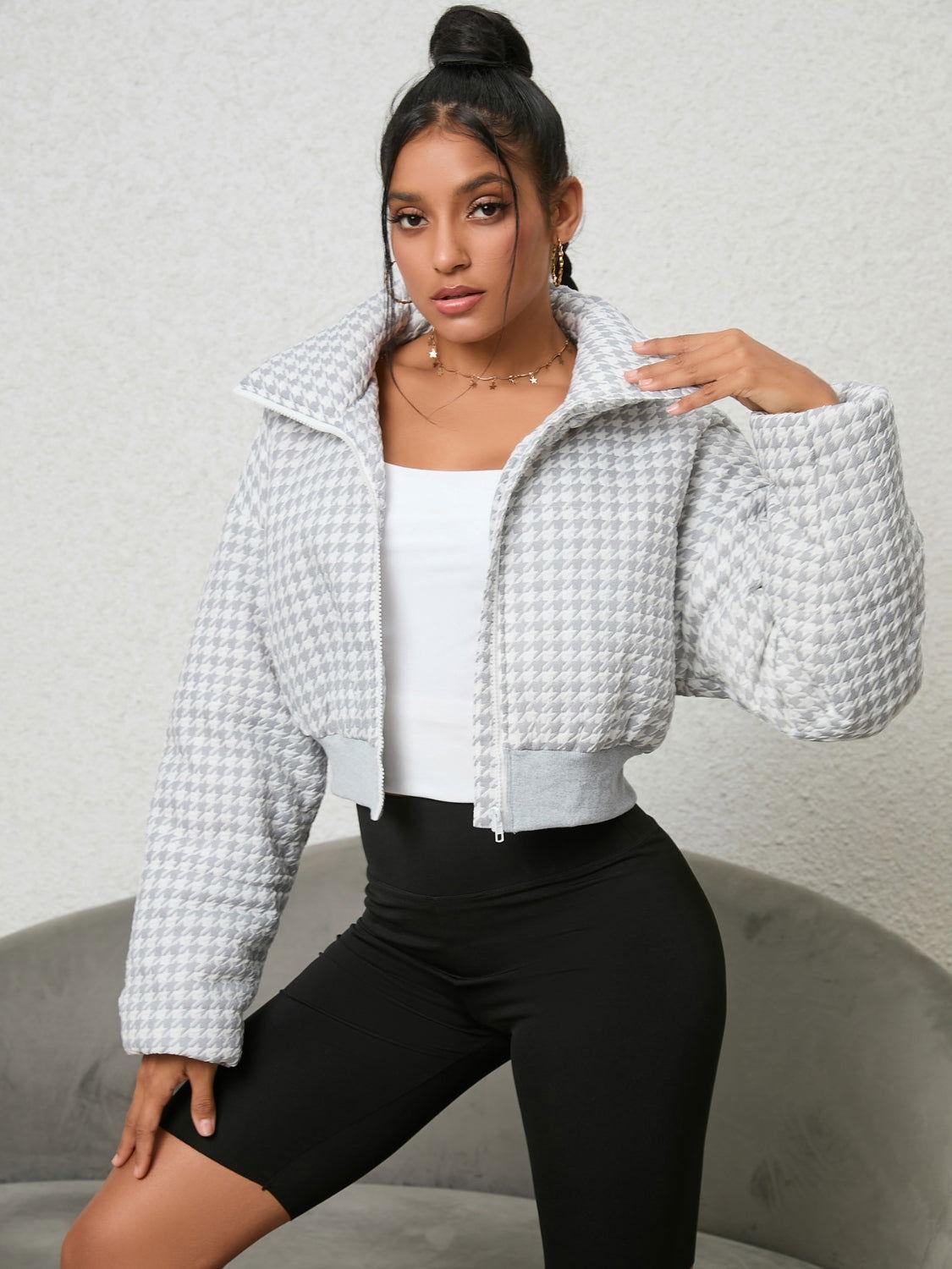 Houndstooth Zip-Up Jacket - Clothes For Her Online Store