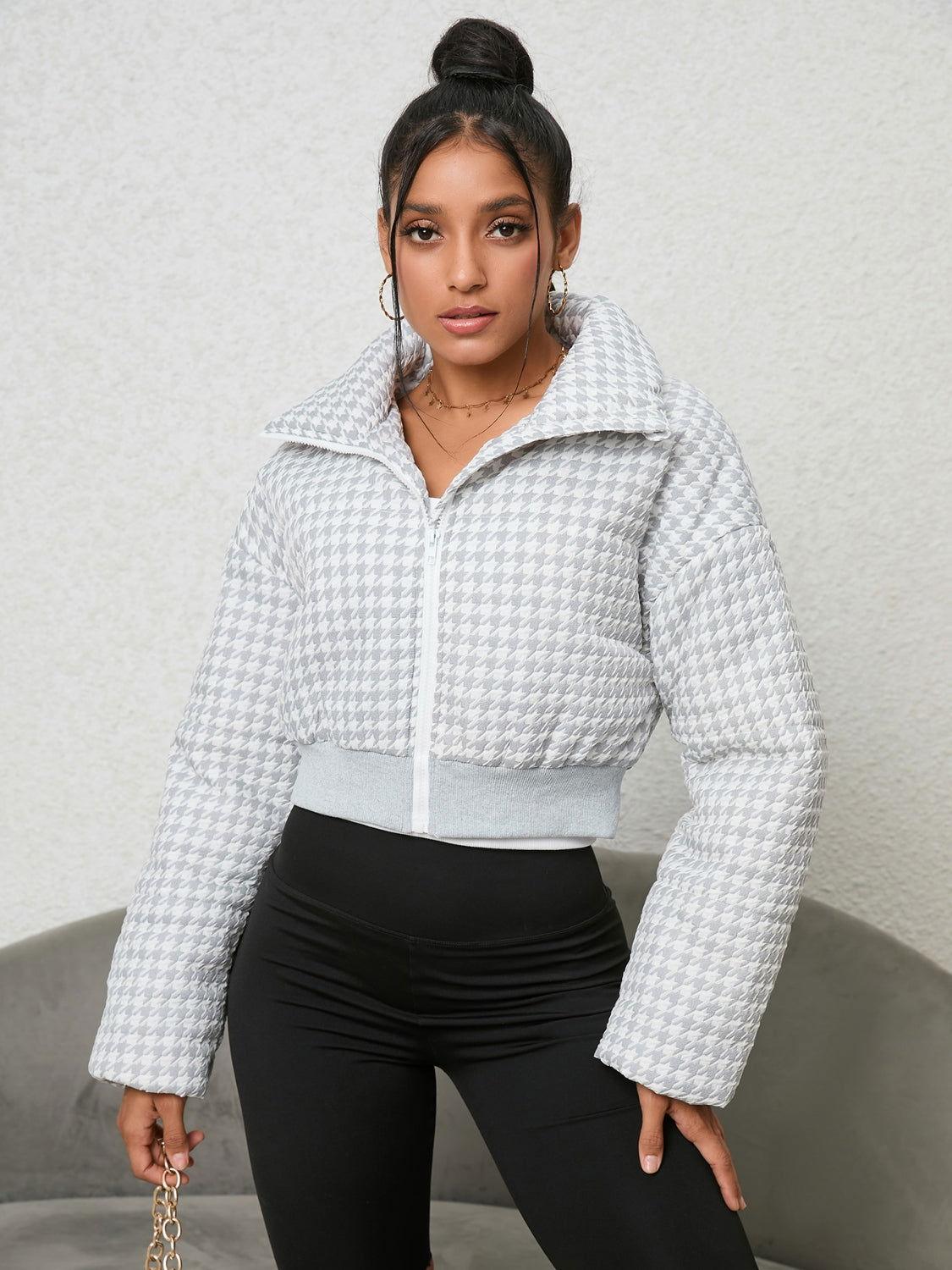 Houndstooth Zip-Up Jacket - Clothes For Her Online Store