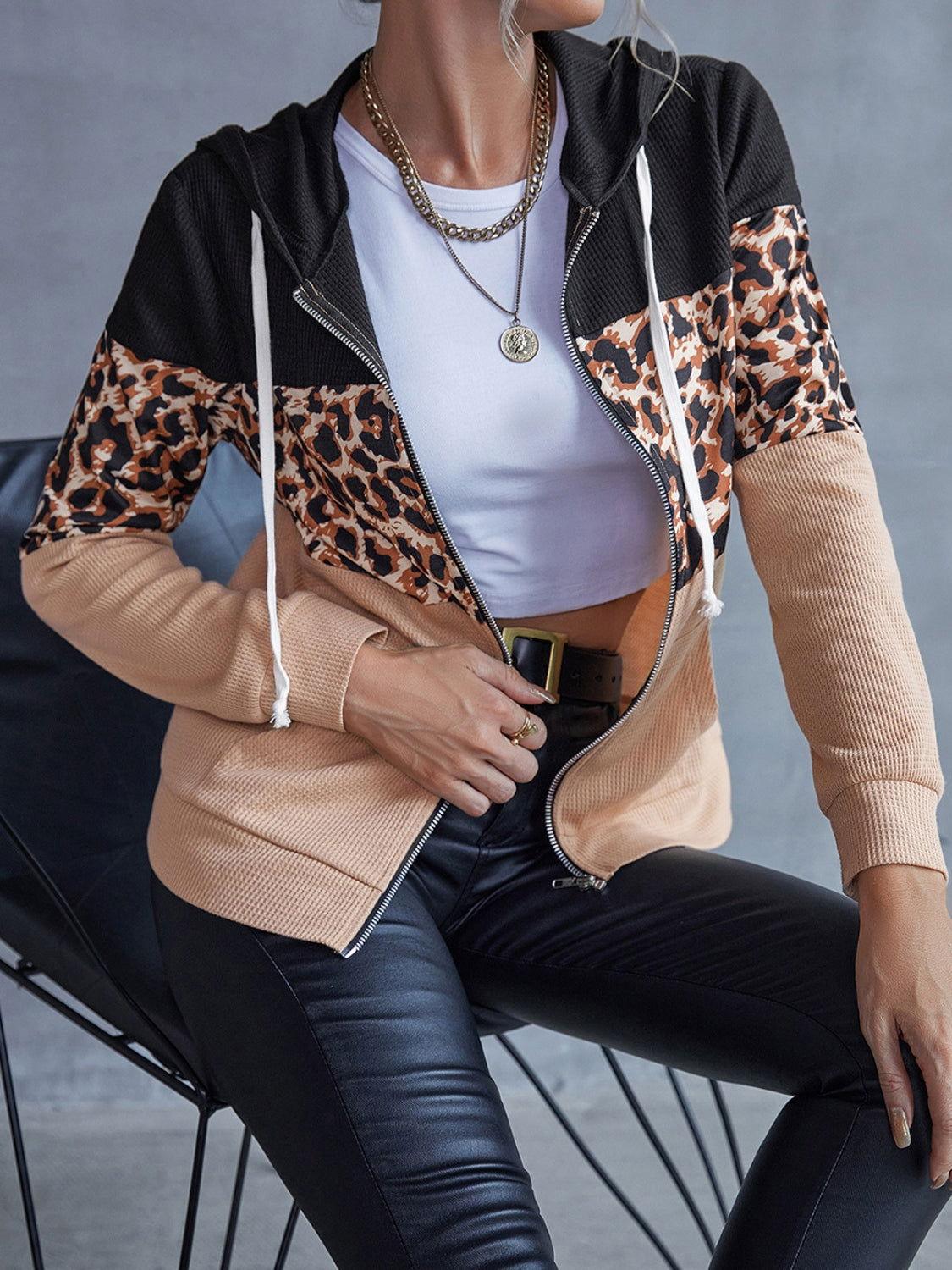 Ivy Lane Drawstring Leopard Zip Up Hooded Jacket - Clothes For Her Online Store