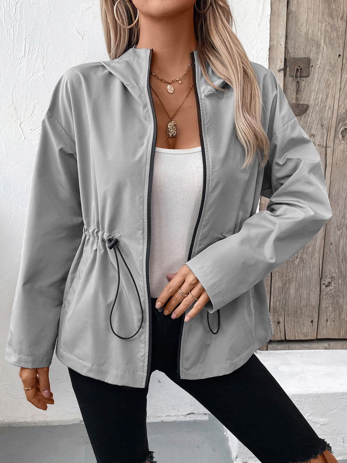 Ivy Lane Drawstring Zip Up Hooded Jacket - Clothes For Her Online Store