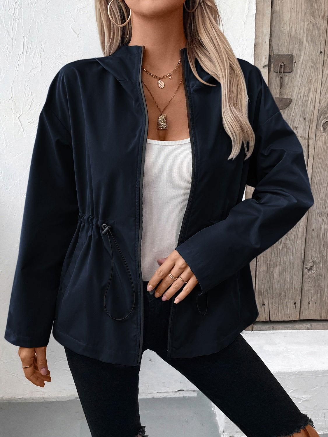 Ivy Lane Drawstring Zip Up Hooded Jacket - Clothes For Her Online Store