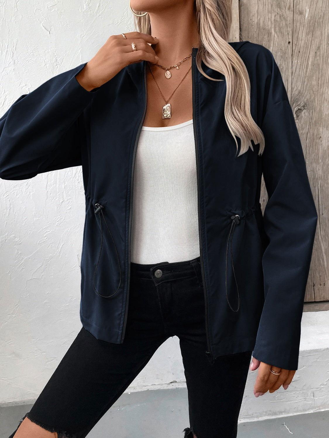 Ivy Lane Drawstring Zip Up Hooded Jacket - Clothes For Her Online Store