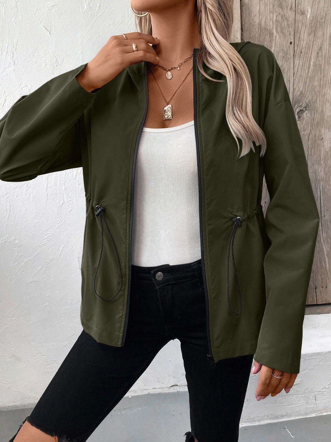 Ivy Lane Drawstring Zip Up Hooded Jacket - Clothes For Her Online Store