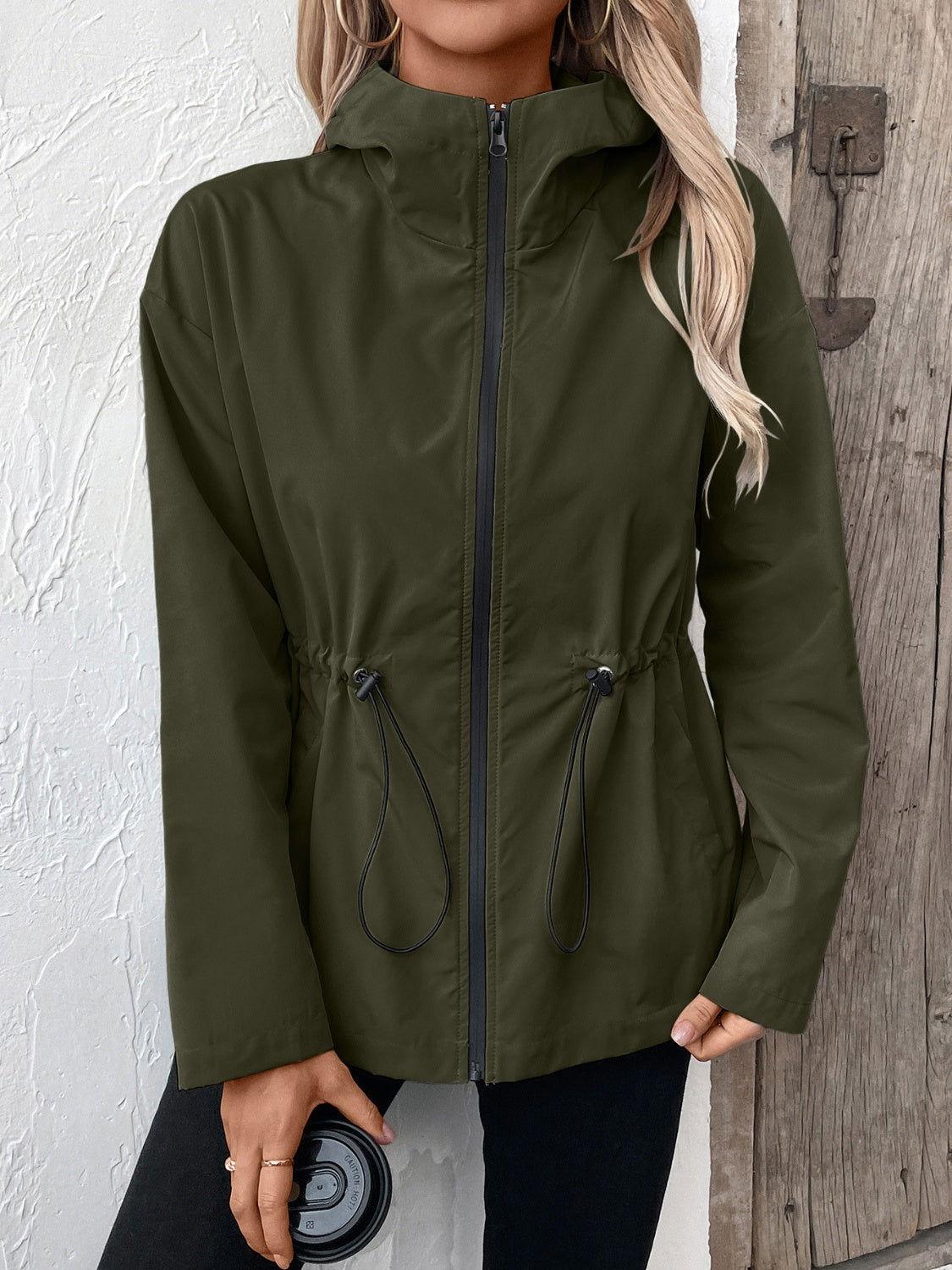 Ivy Lane Drawstring Zip Up Hooded Jacket - Clothes For Her Online Store