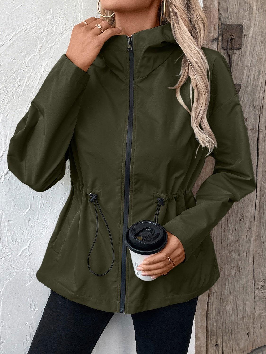 Ivy Lane Drawstring Zip Up Hooded Jacket - Clothes For Her Online Store