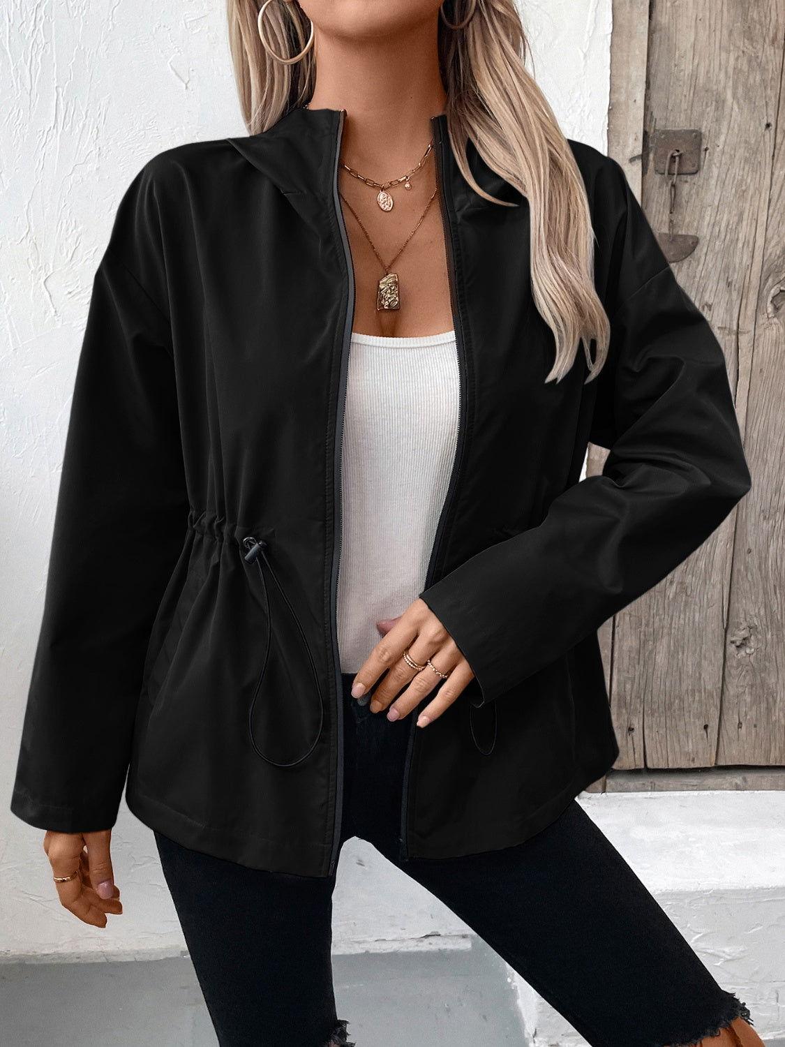 Ivy Lane Drawstring Zip Up Hooded Jacket - Clothes For Her Online Store