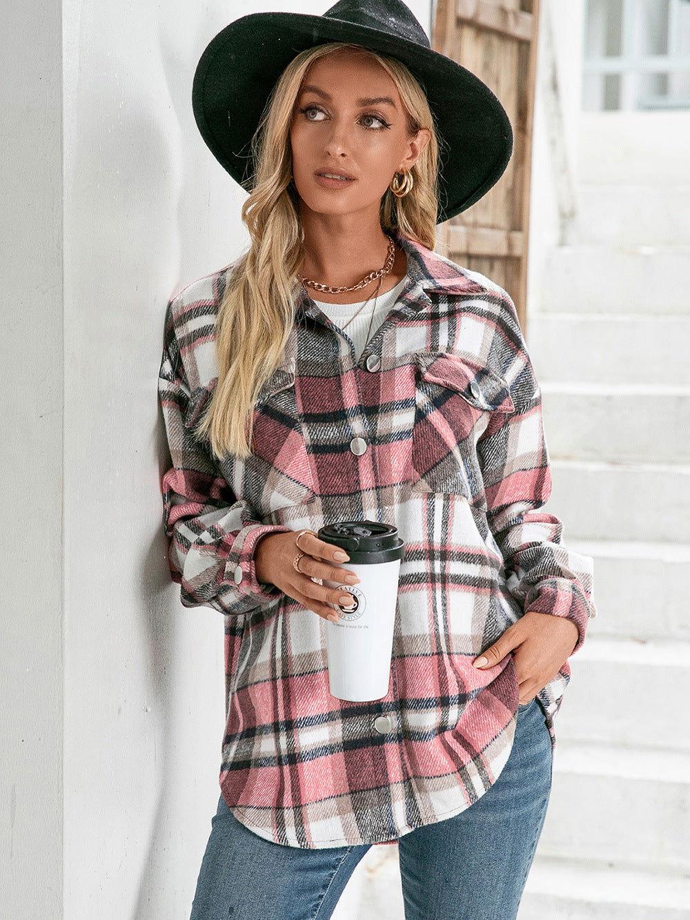 Ivy Lane Meet You Outside Plaid Button Down Curved Hem Shacket - Clothes For Her Online Store