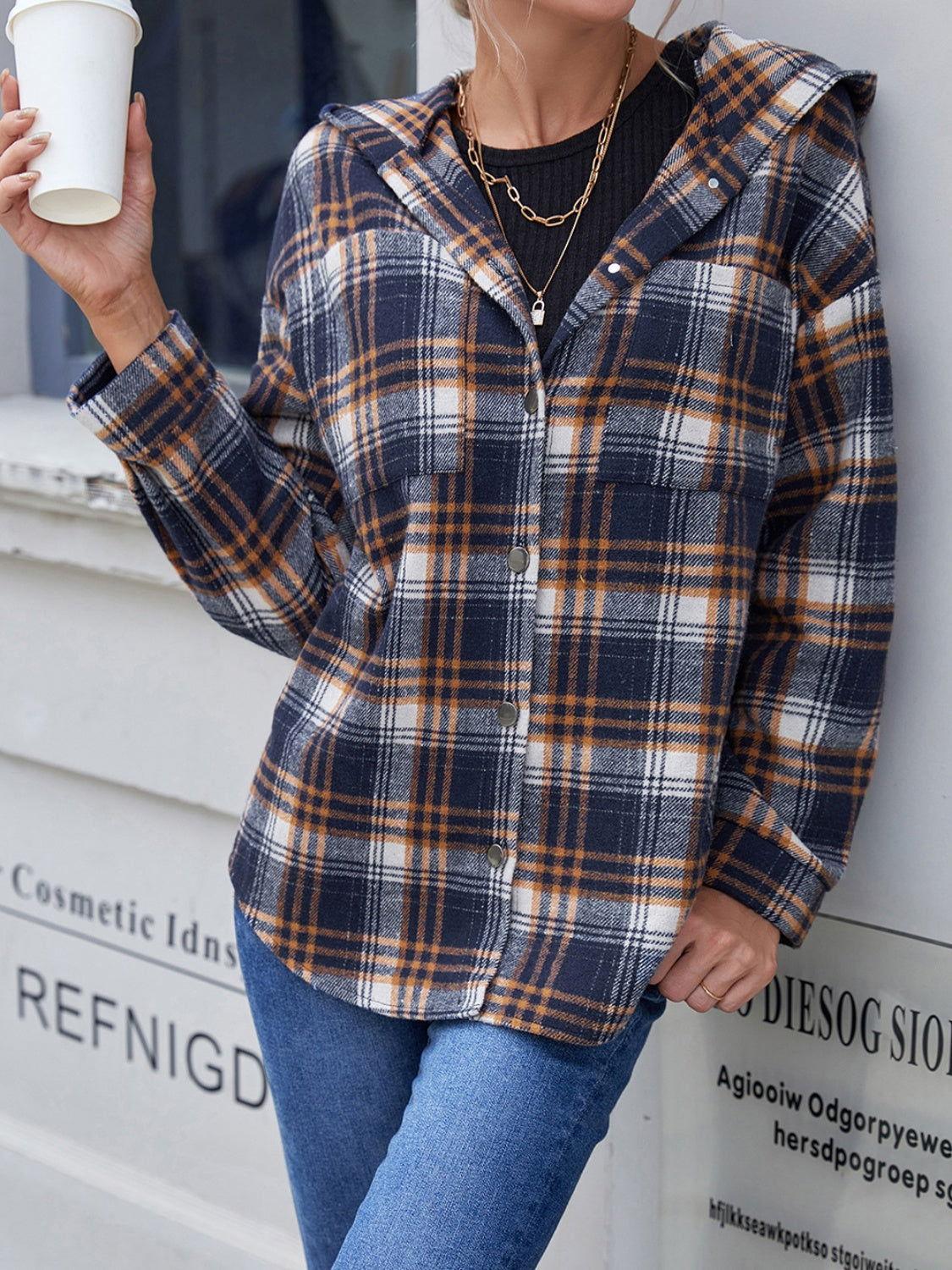 Ivy Lane Plaid Button Up Long Sleeve Hooded Jacket - Clothes For Her Online Store