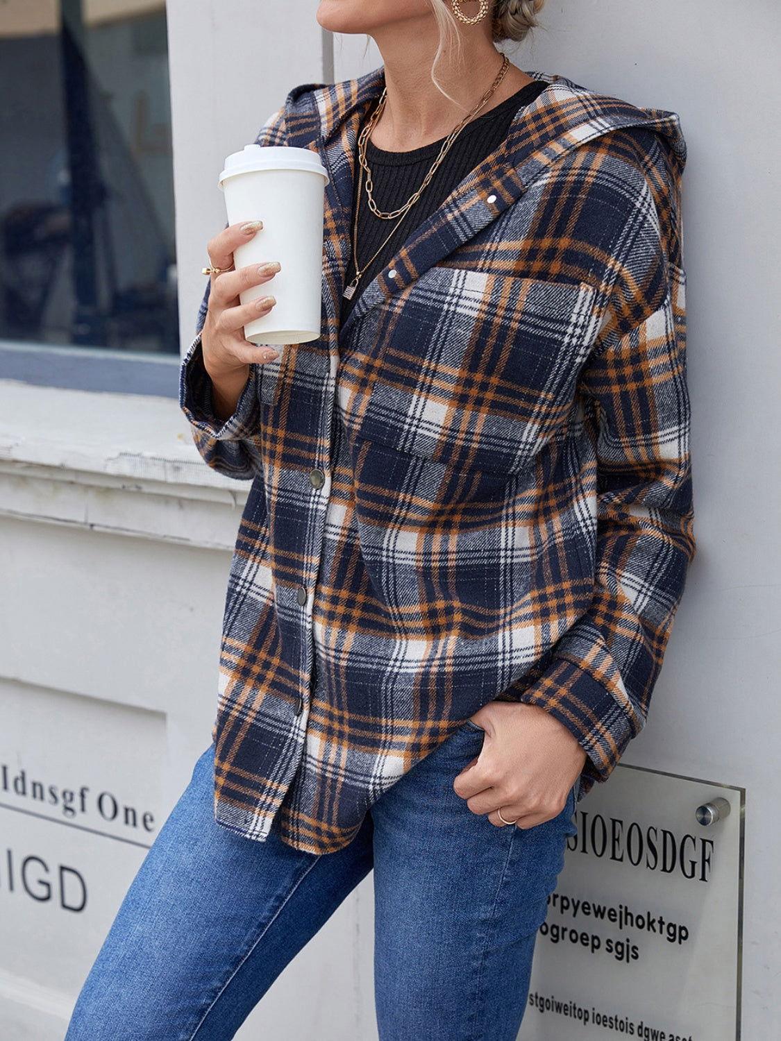 Ivy Lane Plaid Button Up Long Sleeve Hooded Jacket - Clothes For Her Online Store