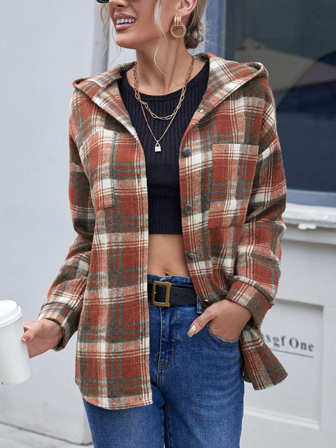 Ivy Lane Plaid Button Up Long Sleeve Hooded Jacket - Clothes For Her Online Store