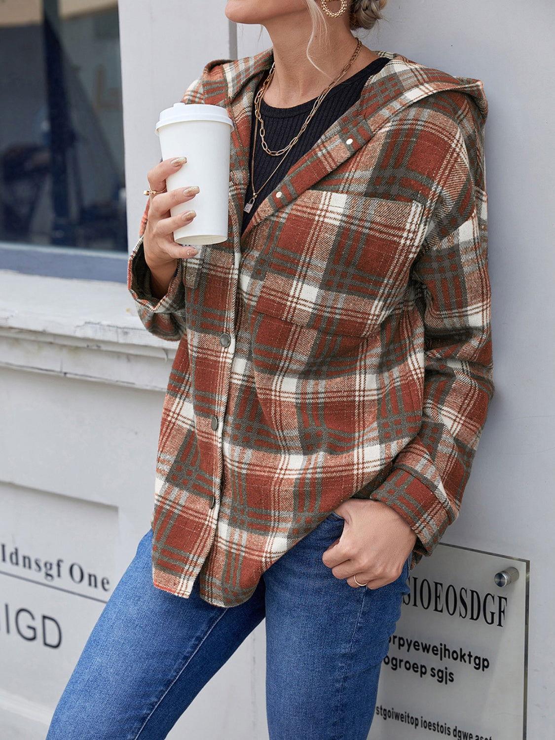 Ivy Lane Plaid Button Up Long Sleeve Hooded Jacket - Clothes For Her Online Store